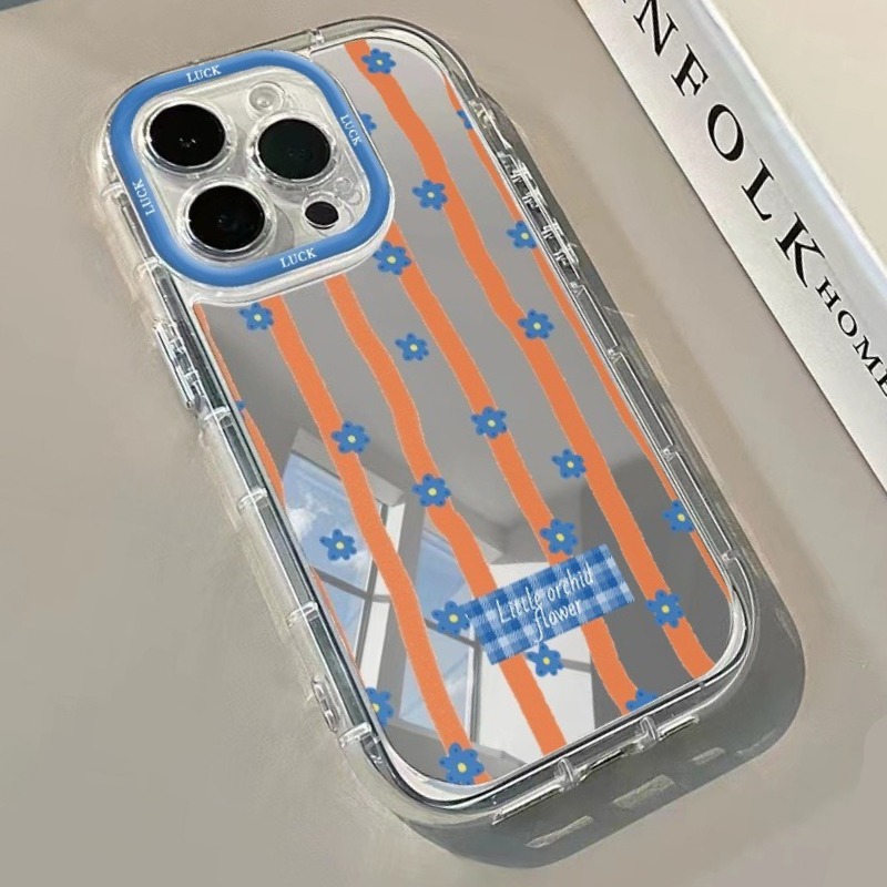 Phone Cases Blue - Mavi Çizgili Çiçek Desenli Aynalı Telefon