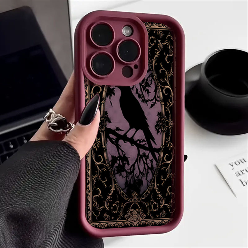 Phone Cases Aesthetic - Estetik Siyah Karga Desenli Şarap Kırmızı