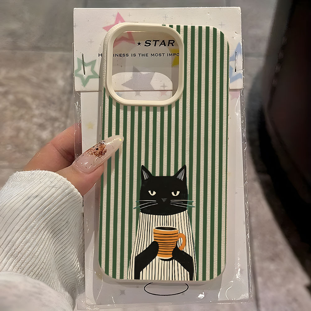 Phone Cases Quirky - Komik Kahve Kedisi Desenli Lychee Yumuşak