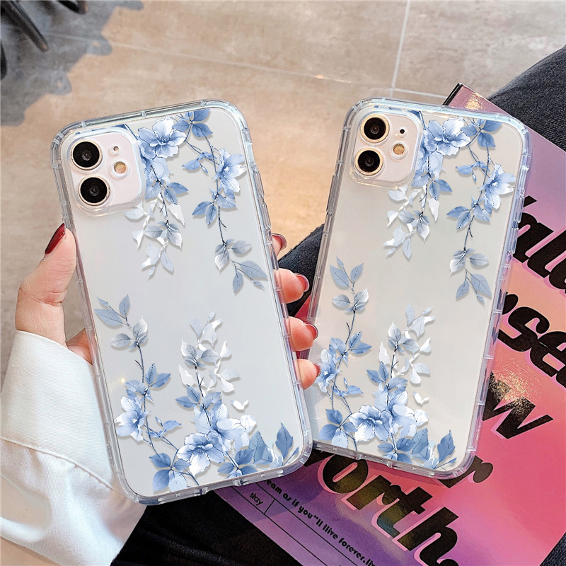 Phone Cases Blue - Mavi Çiçek Desenli Şeffaf Telefon Kılıfı